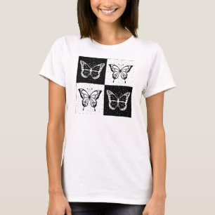 Svart, vit, kontrollerad fjäril-design t shirt