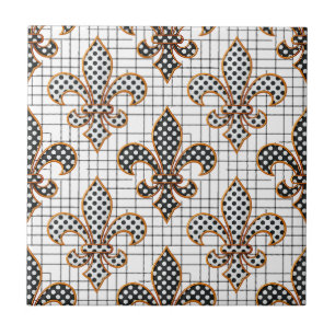 Svart Vit Korsstreck Rutig Fleur-de-lis  Kakelplatta