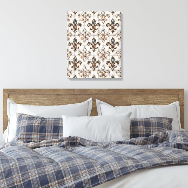 Svart Vit Korsstreck Rutiga Prickar Fleur-de-lis  Canvastryck (Insitu (sovrum))