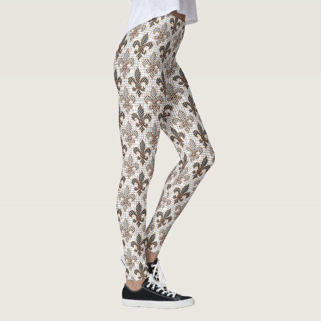 Svart Vit Korsstreck Rutiga Prickar Fleur-de-lis  Leggings (Höger)