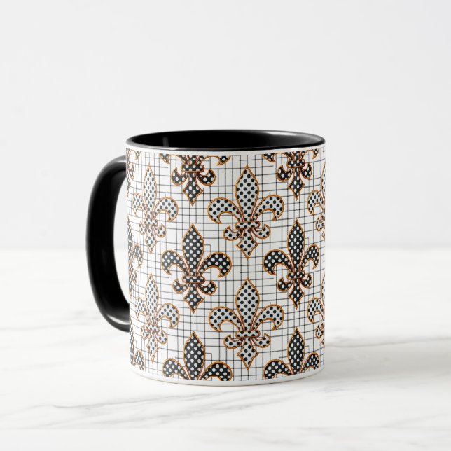 Svart Vit Korsstreck Rutiga Prickar Fleur-de-lis  Mugg (Framsida vänster)