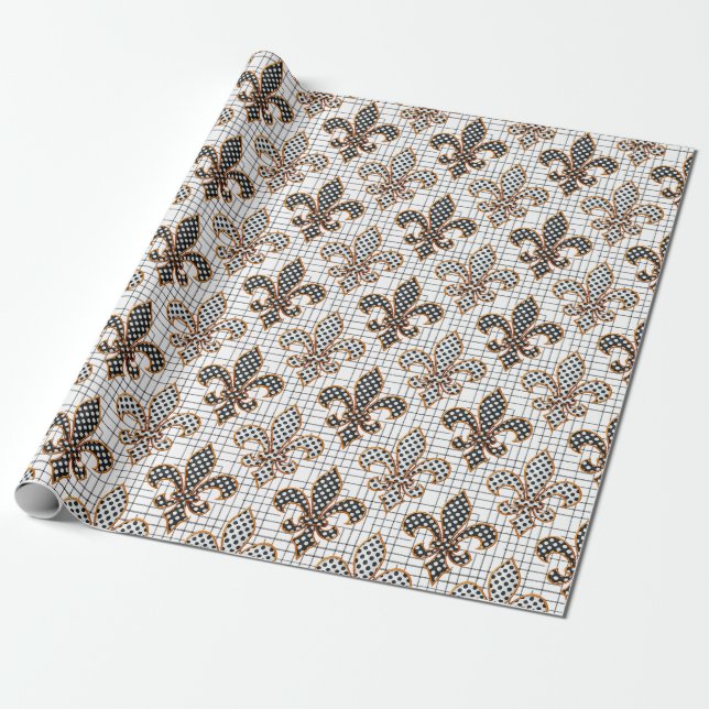Svart Vit Korsstreck Rutiga Prickar Fleur-de-lis  Presentpapper (Utrullad)