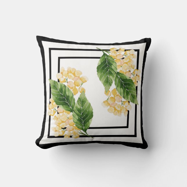 Svart-vit kudde med gula blommor (Framsida)