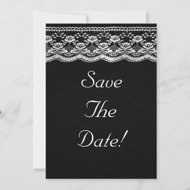 Svart & Vit Läder & Spets Bröllop Save The Date Inbjudningar (Framsida)