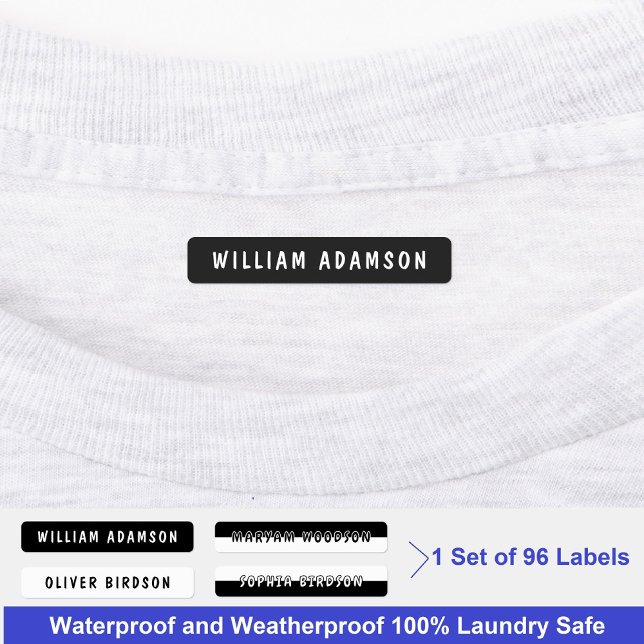 Svart & Vit Lång Sistnamn | Vattentålig Klänning Klistermärke (kids name labels waterproof)