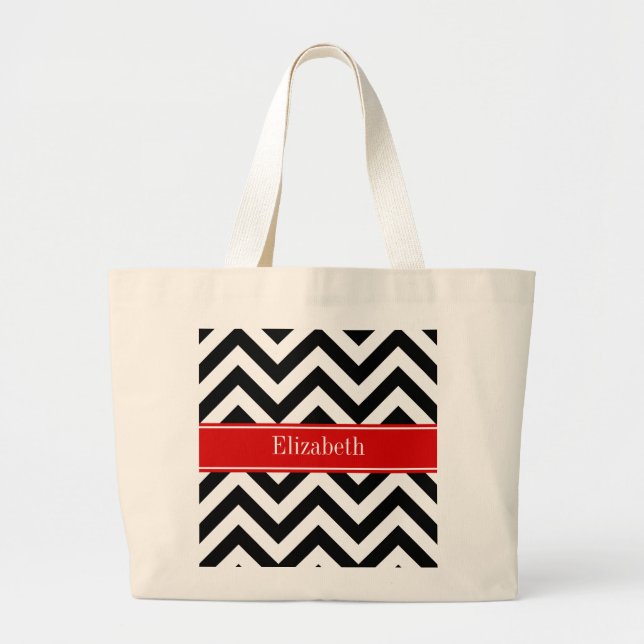 Svart Vit LG Chevron Röd Namn Monogram Jumbo Tygkasse (Framsidan)