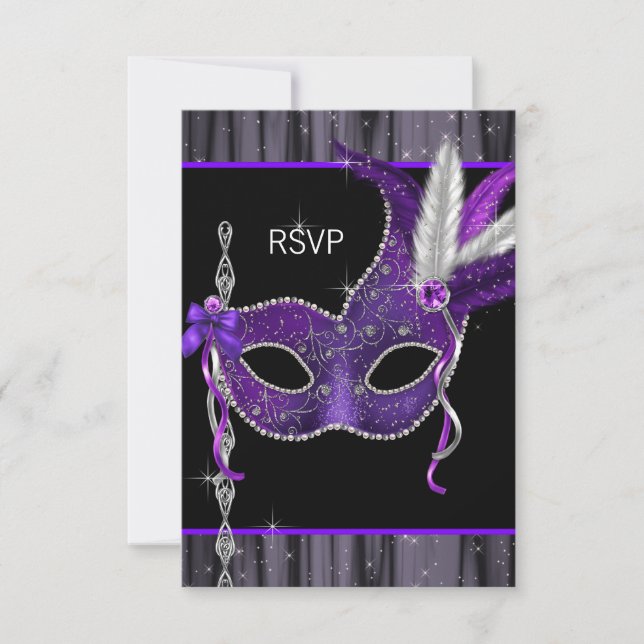 Svart Vit Lila Maskeradfest RSVP OSA Kort (Framsida)