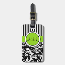 Svart vit, limefrukt görad randig damastast bagagebricka