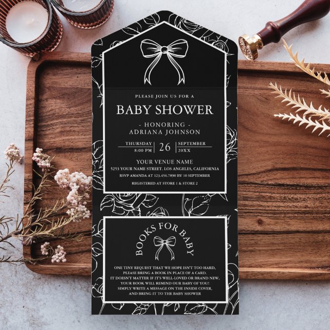 Svart Vit Linjekonst Coquette Bow Baby Shower (Skapare uppladdad)