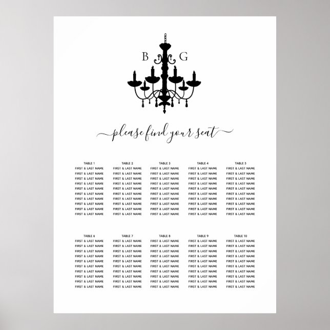 Svart Vit Ljuskrona Bröllops Sittplan Poster (Framsidan)