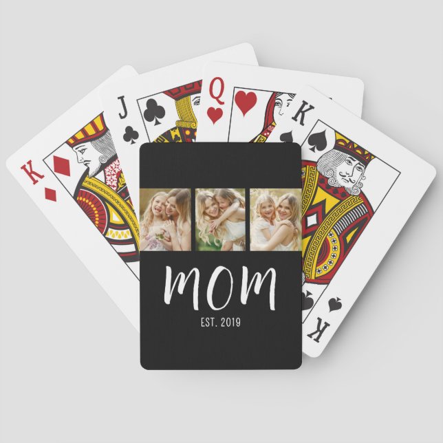Svart Vit Mamma Etablerad Skript 3 Foto Elegant Casinokort (Baksidan)