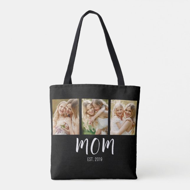 Svart Vit Mamma Etablerad Skript 3 Foto Elegant Tygkasse (Baksida)