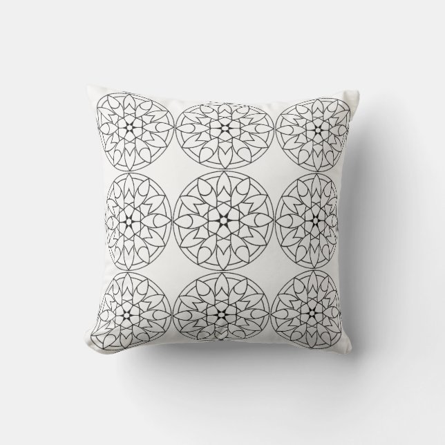 Svart Vit Mandala Blommig Mönster Kudde (Framsida)