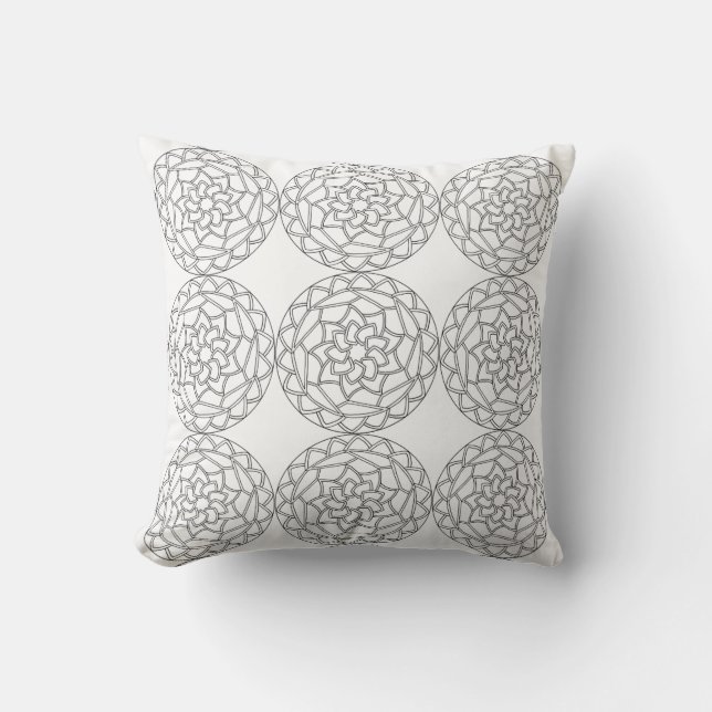 Svart Vit Mandala Blommor Mönster Kudde (Framsida)