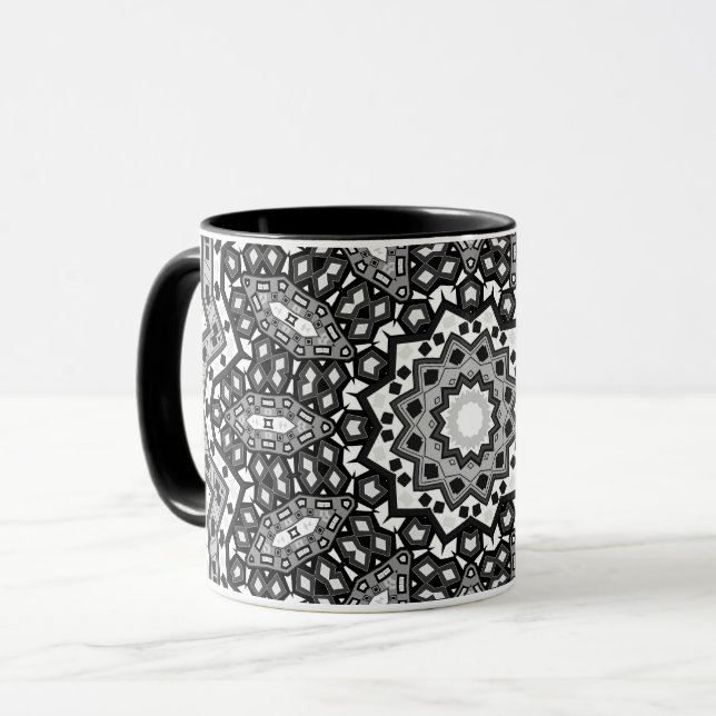 Svart vit mandala, kalejdoskop, rund ornament mugg (Framsida vänster)