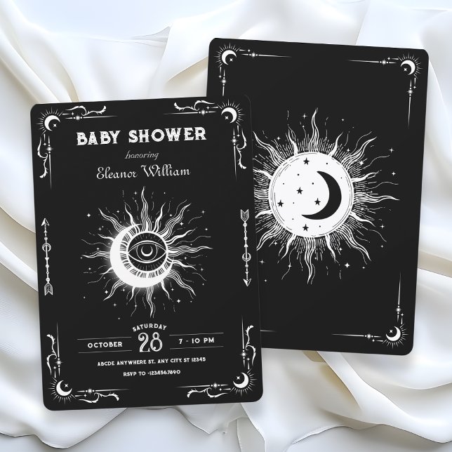 Svart vit måne sol tarot himmelsk baby shower inbjudningar (Skapare uppladdad)