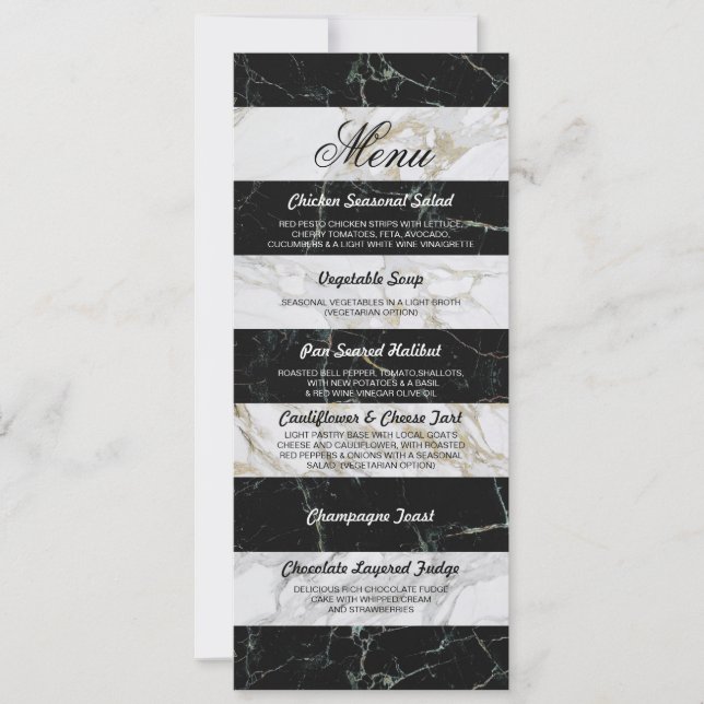 Svart-vit marmor meny Bröllopsreception kort (Framsida)