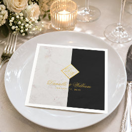 Svart Vit Marmor Monogram Guld Elegant Bröllop Pappersservett