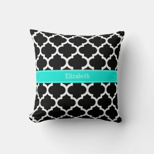 Svart Vit Marockansk #5 Ljus Aqua Namn Monogram Kudde