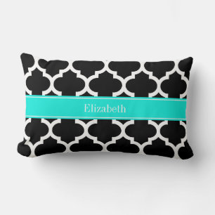 Svart Vit Marockansk #5 Ljus Aqua Namn Monogram Lumbarkudde