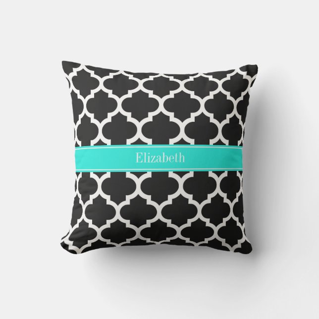 Svart Vit Marockansk #5 Ljus Aqua Namn Monogram Utomhuskudde (Framsida)