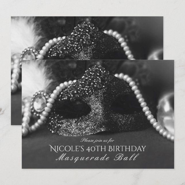 Svart & Vit Maskerad Mask & Pärlor Inbjudningar (Fram/baksida)