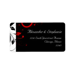 Svart +Vit med röd, omvänd Swirl Bröllop-etikett Adressetikett