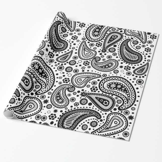 Svart & vit Mehendi Paisley som slår in papper Presentpapper (Utrullad)