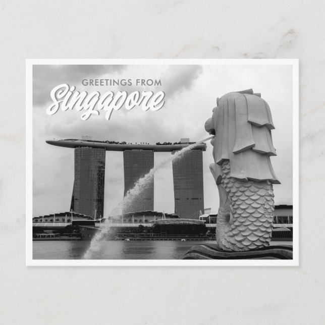 Svart & Vit Merlion Hälsningar från Singapore Vykort (Framsida)