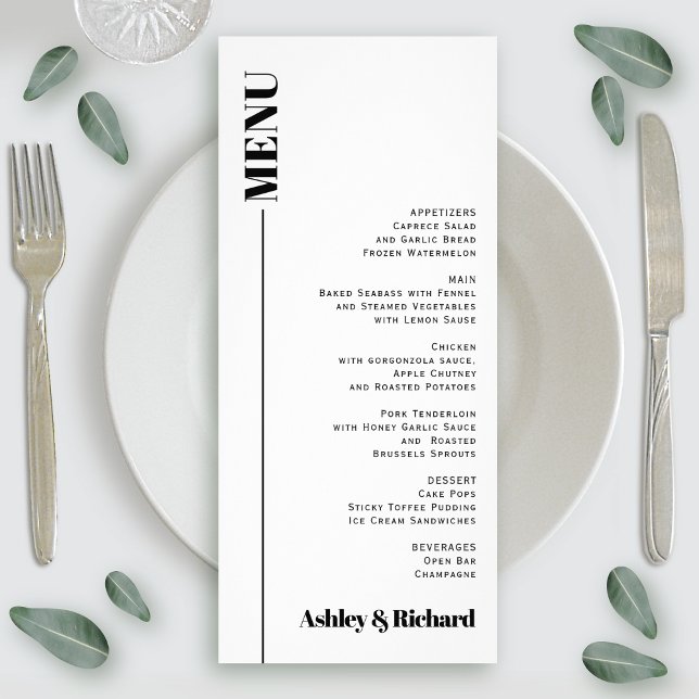 Svart, vit, minimal typografi bröllop-menykort reklamkort (Skapare uppladdad)