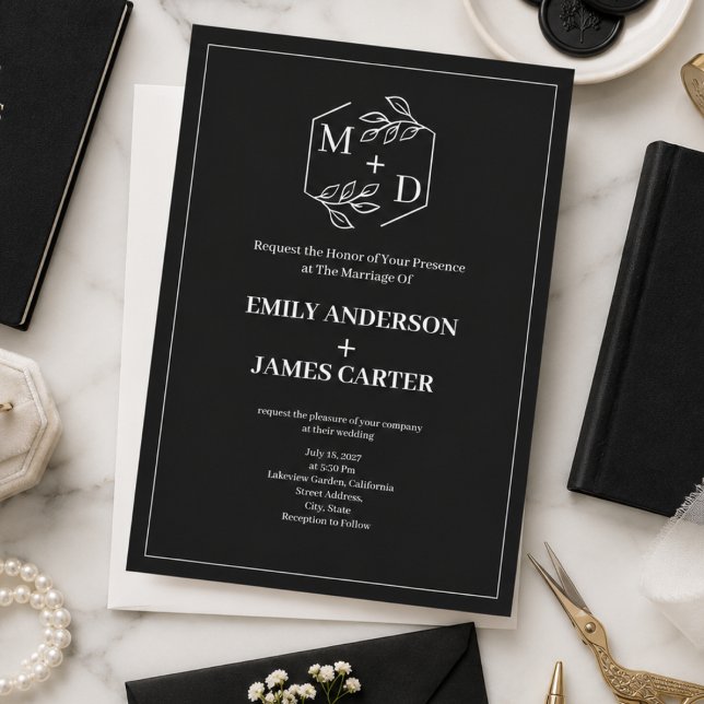 Svart Vit Minimalistisk Botanisk Monogram Bröllop  Inbjudningar (Black White Minimal Botanical Monogram Wedding Invitation)
