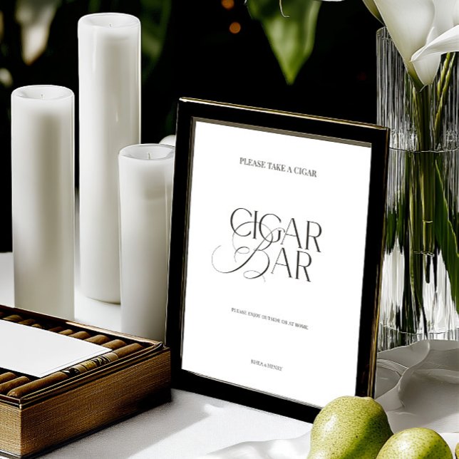 Svart & Vit Minimalistisk Cigarbar Bröllopsskylt (Elegant Black & White Minimalist Cigar Bar Sign)