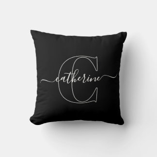 Svart Vit Minimalistisk Elegant Skript Monogram Kudde