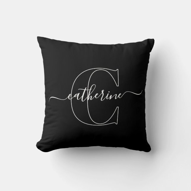 Svart Vit Minimalistisk Elegant Skript Monogram Kudde (Framsida)
