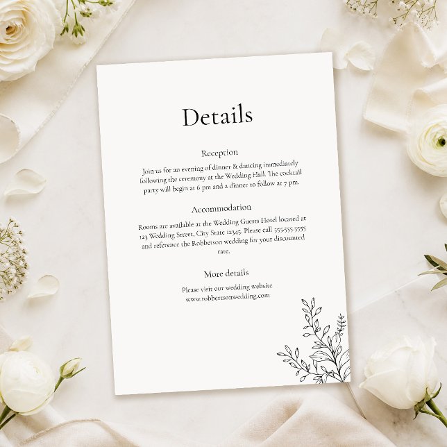 Svart & Vit Minimalistisk Linje Konst Bröllopsdeta Inbjudningar (Black & White Minimalist Line Art Wedding Details Invitation on a table with white flowers)