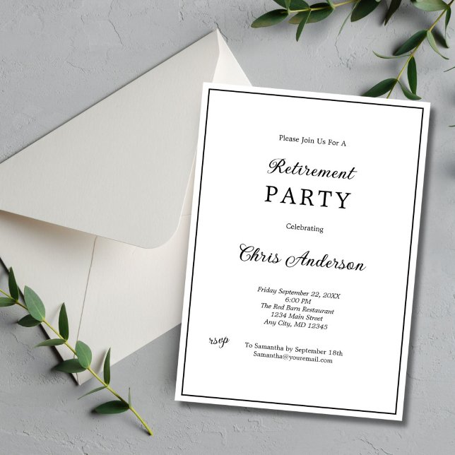 Svart Vit Minimalistisk Modern Pensionärsfest Inbjudningar (Black White Border minimalist simple elegant Retirement Party Invitation for him or her. Printed )