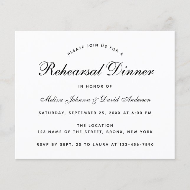 Svart-vit minimalistisk provmiddagsinbjudan (Framsida)