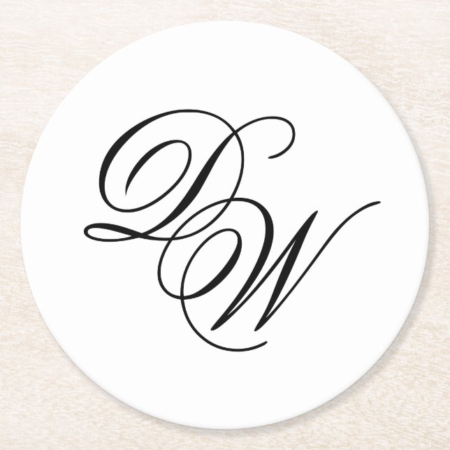 Svart-vit minimalistisk vigselmanus med monogram underlägg papper rund (Framsidan)