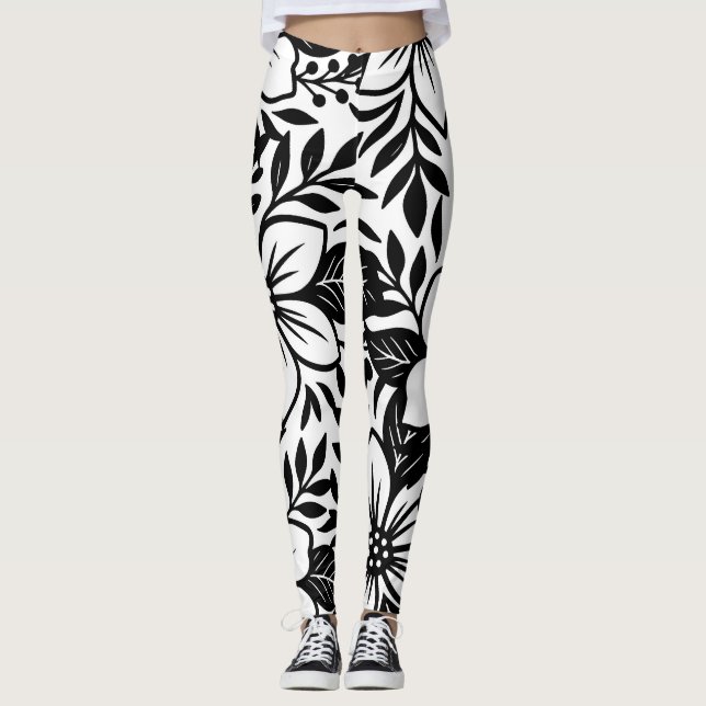 Svart Vit Modern Blommig Elegant Tropisk Blomning Leggings (Framsida)