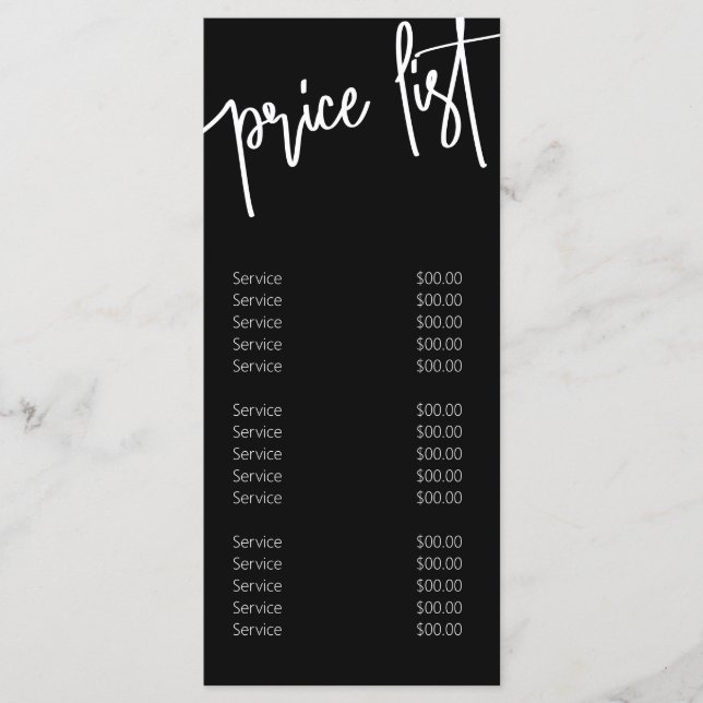 Svart vit Modern Calligraphy Pris List Salon Meny (Framsida)