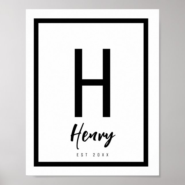 Svart & Vit Modern Chic Namn Barnkammare Initial Poster (Framsidan)