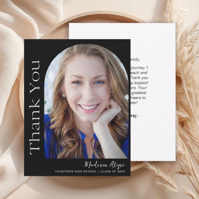 Svart Vit Modern Fotobåge Examenspresent  Tack Kort (Modern black photo arch graduation thank you card)