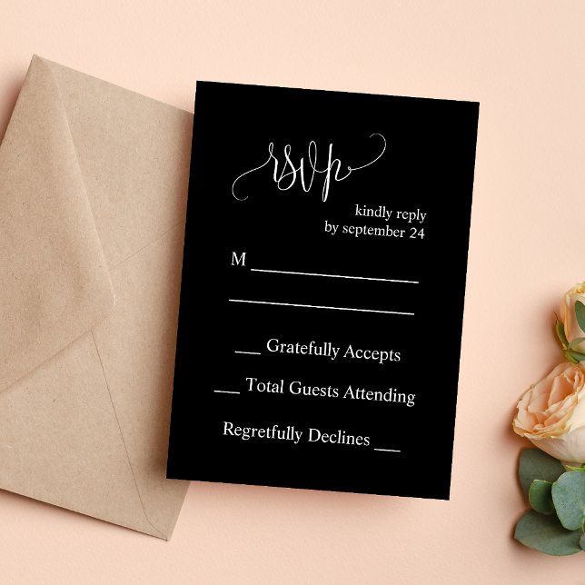 Svart & Vit Modern Minimalistisk Bröllops-Svarskor Inbjudningar (Black and white minimalist RSVP card makes guest replies simple with modern elegant style.)