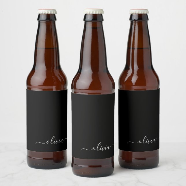 Svart Vit Modern Minimalistisk Elegant Monogram Ölflaska Etikett (Flaskor)