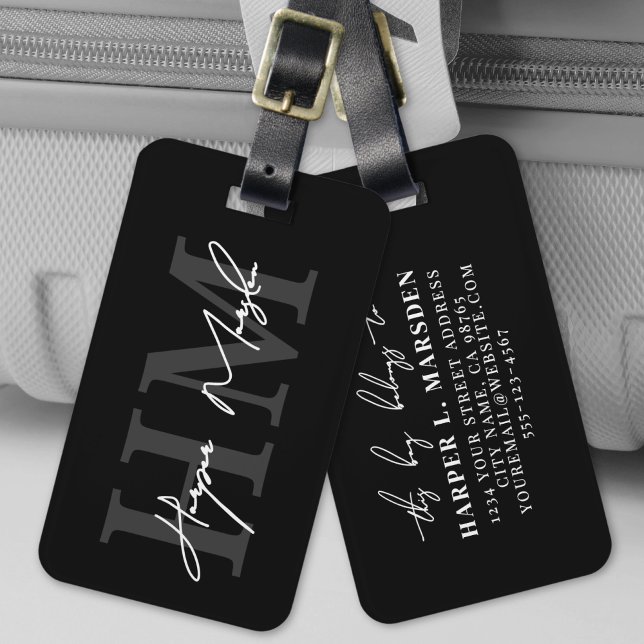 Svart Vit Monogram Namn Bagagebricka (Black White Elegant Monogram Name Luggage Tag)