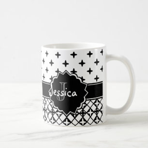Svart vit Monogrammed Quatrefoil Kaffemugg