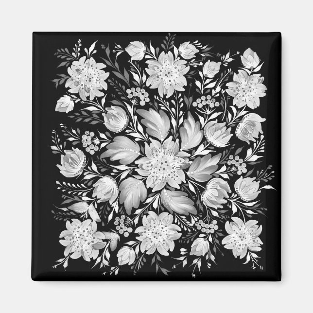 Svart-vit monokrom blomsterrik folkkonstmagnet magnet (Framsidan)