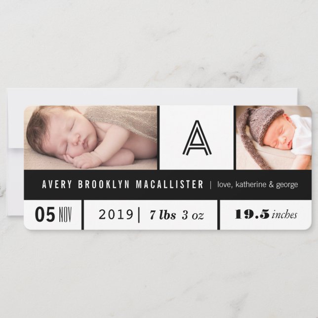 Svart & Vit Multi Grid Baby Statistik 2 Foto Födel Meddelande (Framsida)