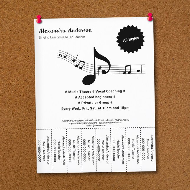 Svart & Vit Musiklärare Riv av remsor Flyer (Black & White Music Teacher Tear Off Strips Flyer)