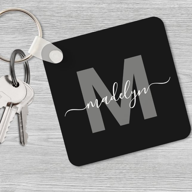 Svart Vit Namn Monogram Nyckelring (Black White Name Monogram keychain)